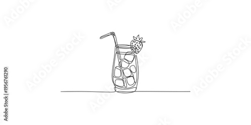 One line drawing of glass with ice and straw and strawberry on the rim single