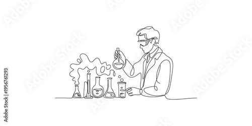 Continuous line drawing of a scientist working with laboratory equipment and chemicals lab experiment science