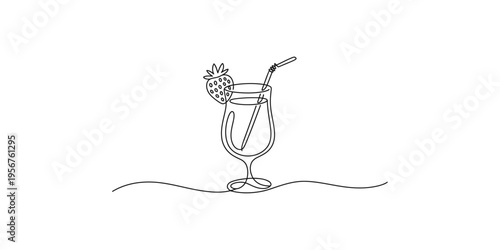 Continuous line drawing of a champagne flute with strawberry and straw glass drinking beverage alcohol