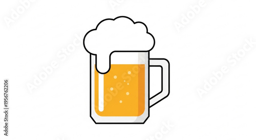 Frothy beer mug with handle full of golden liquid and white foam on white background