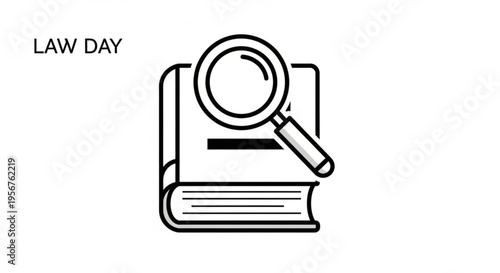 Law day icon with magnifying glass on legal book symbolizing investigation and jurisprudence