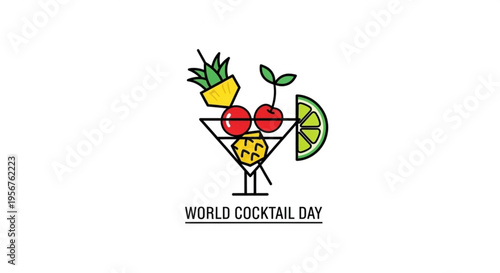 Colorful cocktail glass with fruit garnishes celebrating world cocktail day