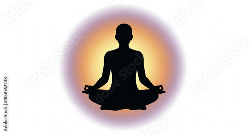 Meditating person silhouette in lotus position with orange glow background for mindfulness and relaxation concepts