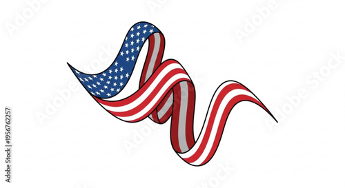 American flag ribbon waves in air on white background for patriotism and national pride symbolism