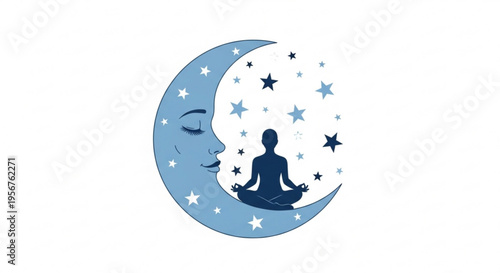 Meditating person silhouette sits on crescent moon with stars peaceful night sky background yoga and mindfulness concept