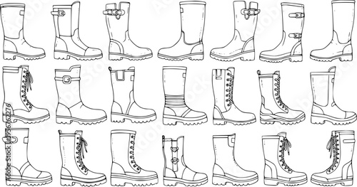 Hand-drawn Set of Various Boots Vector Illustration. Monochrome Outline Sketch Collection of Different Footwear Styles: Riding, Combat, Winter, Rain, and Fashion Boots, Isolated on White.