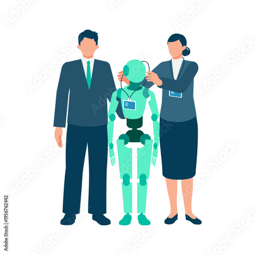 Diverse team of business professionals collaborating with a personal virtual assistant AI robot for project management and decision making in a cooperative smart workplace