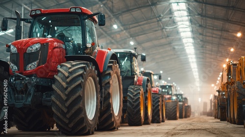 large agricultural machinery storage facility with brand on blurred background