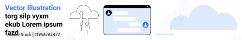 Cloud computing, digital communication, information sharing, online services, data transfer, connectivity. Stylized cloud icons and a chat interface. Cloud computing and digital communication