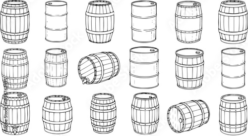 Vintage Wooden Barrels and Industrial Metal Drums Sketch Collection. Hand-drawn set of various casks, kegs, and oil containers in different styles and orientations.