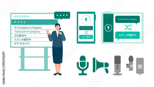 Multilingual AI signage illustration set featuring receptionist and trade show guide woman with real-time simultaneous translation solution displaying five-language AI Translation in Progress message