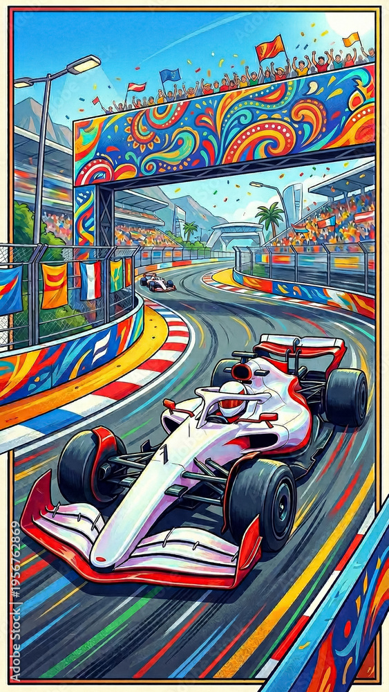 Obraz premium bright stylized illustration of a white racing car on a city track surrounded by palms fans and colorful carnival arch