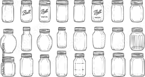 Hand-Drawn Collection of Empty Glass Jars and Mason Jars. Diverse Line Art Sketch Illustration Set featuring Various Shapes and Sizes for Kitchen, Food Storage, and Home Decor.