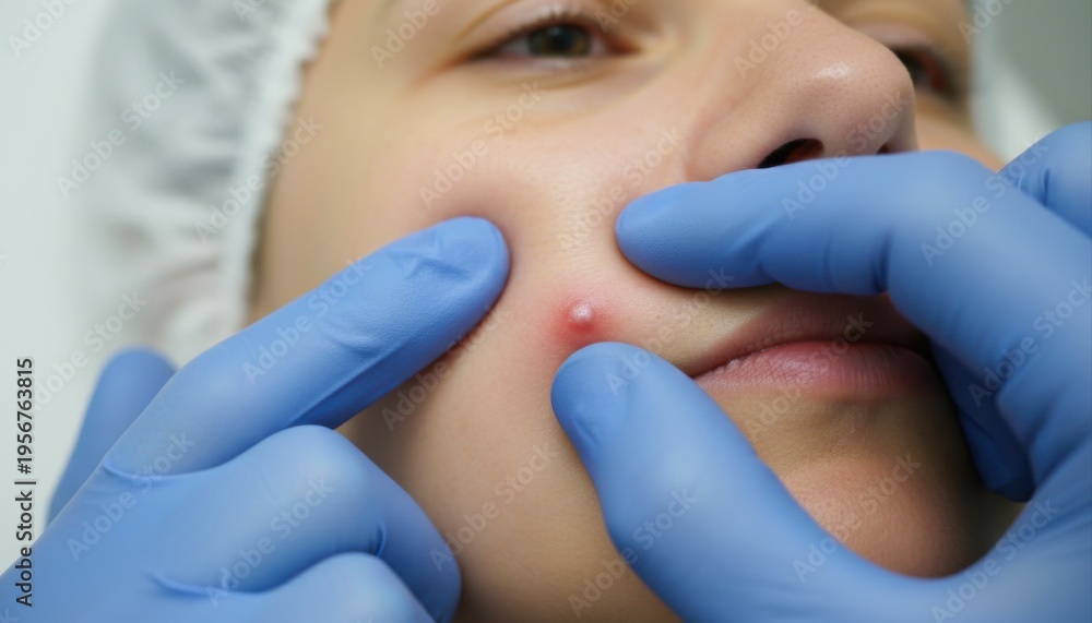 Naklejka premium Gloved hands meticulously treating a red pimple on a person's face during a professional skincare or blemish removal.