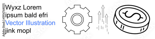 Business planning, financial growth, investment strategies, economic trends, wealth management, and entrepreneurship. Line art cogwheel, upward arrows and dollar coin. Financial growth and business