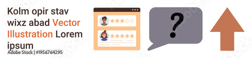 Customer reviews, decision-making, feedback, online interaction, user ratings, guidance. A review panel, a question mark in a dialogue box and a rising arrow. Customer reviews and decision-making