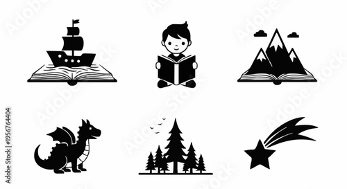 ship, dragon, forest, star, mountain book