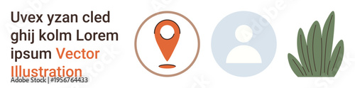 Navigation, user identity, online profiles, nature-themed design, environment, minimalist graphics. An orange location pin, a user icon and green plant icon. Navigation and user identity concept