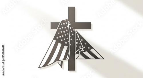 Draped american flag on a cross symbolizing patriotism and faith with a white background and shadows