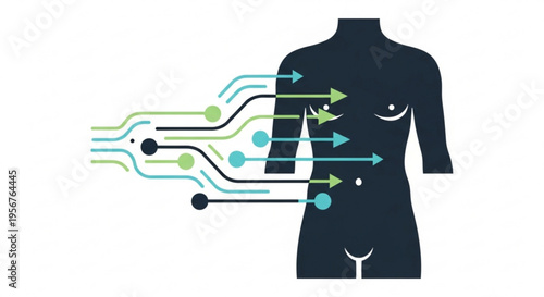 Female body with circuit board and arrows illustrating technology and health concepts on a white background