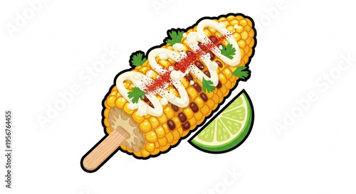 Delicious grilled corn on the cob with toppings and lime wedge on a stick
