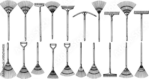 Vintage Black and White Line Art Illustration of Various Garden Rakes and Hand Tools Collection, Isolated on White