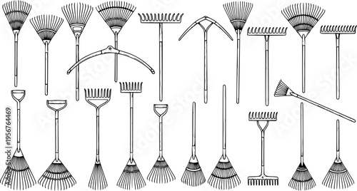 Detailed Line Art Illustration of Various Gardening Rakes: A Diverse Collection of Leaf Rakes, Garden Rakes, and Hand Tools for Lawn Care and Landscaping