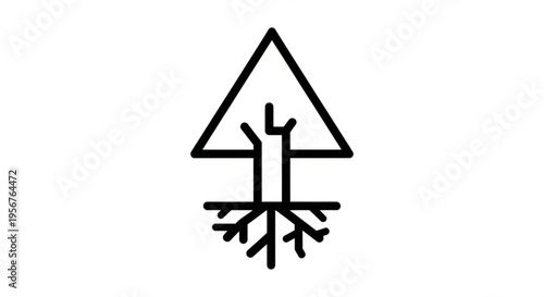 Black line art illustration of triangular tree symbol with roots on white background for eco friendly concepts