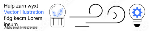 Innovation, creativity, renewable energy, technology, motion, abstract art. Abstract symbols including a light bulb, wind and a plant. Innovation and creativity concept through technology and nature