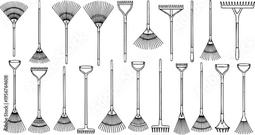 Set of diverse garden rakes: various types including leaf rakes and soil rakes for gardening and yard work, detailed line art illustration.