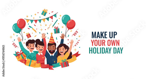 Vector illustration of a fun holiday celebration with a group of ecstatic people, colorful balloons, streamers, and a custom ribbon design, conveying excitement and innovation.