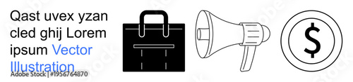 Business strategy, financial planning, advertising, promotions, marketing campaigns, currency. Black briefcase, megaphone and dollar sign icon . Business strategy and financial planning theme