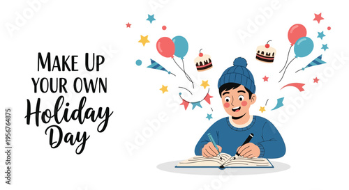 A cartoon man in a blue shirt and hat sits at a table, writing with a pen, surrounded by colorful stars, ribbons, cakes, and balloons, conveying excitement and creativity.