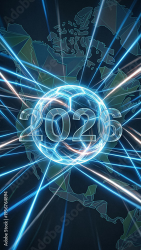 digital concept of twenty twenty six football championship with neon ball and glowing lines over map of north america