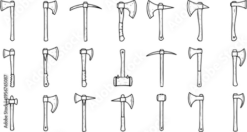 Axe Collection Line Art, Vector Illustration of Various Axes and Pickaxes