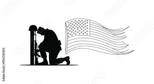 Memorial soldier kneeling with American flag vector
