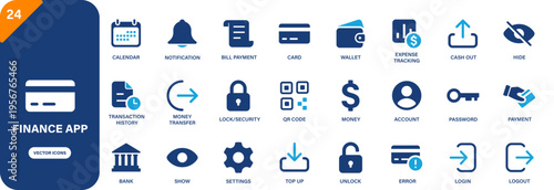 Finance app icon collection featuring top up, cash out, wallet, payment, money transfer and transaction history symbols. Solid vector icons.