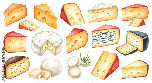 Watercolor Cheese Collection Set with Cheddar Brie Blue Mozzarella Gouda Dairy Food Illustrations Isolated