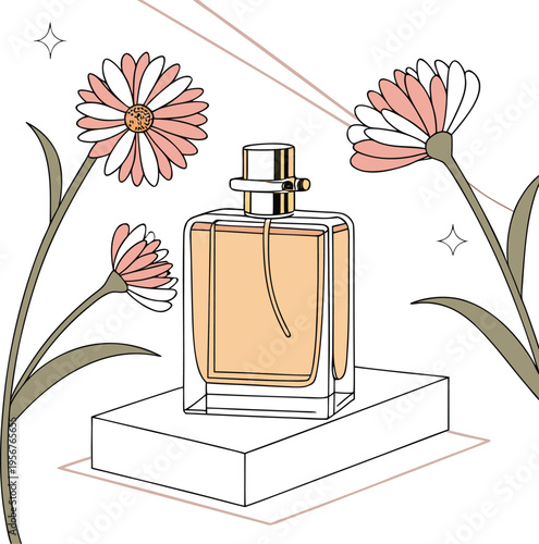 Modern Minimal Perfume Display with Gerbera Daisies and Peach-Toned Background.