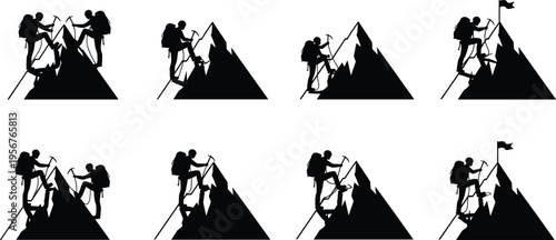 Mountain climbing silhouettes vector illustration, climbers with gear, teamwork perseverance concept, reaching summit flag, adventure achievement artwork design