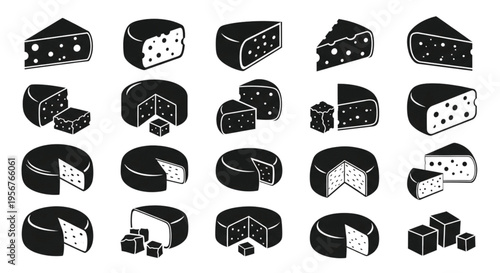 Cheese Silhouette Icon Set Black Dairy Food Vector Collection with Wedges Blocks Wheels Isolated