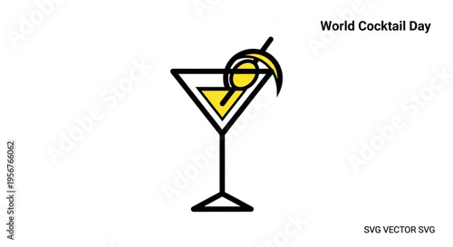 Vibrant yellow cocktail with lemon garnish in martini glass on white background for world cocktail day celebration