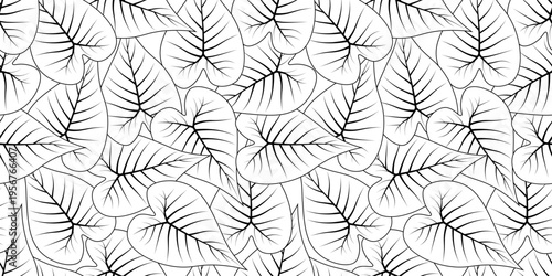 Seamless pattern with minimalist black line art of taro leaves on a white background