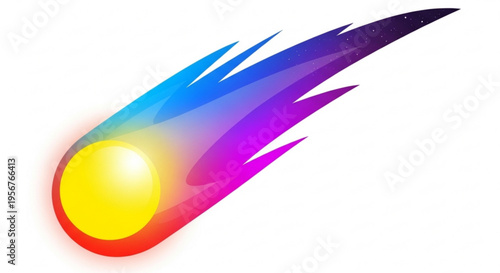 Vibrant comet with rainbow tail and bright yellow core flying through space on white background