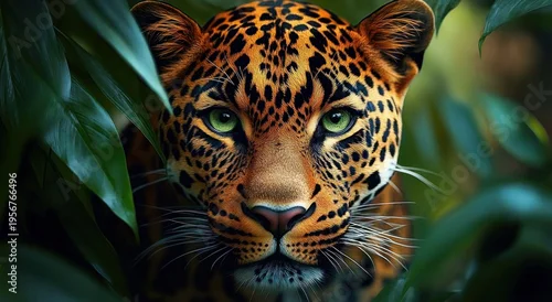 Obraz Close-up portrait of a leopard peering through dense green leaves with intense green eyes, focused and alert