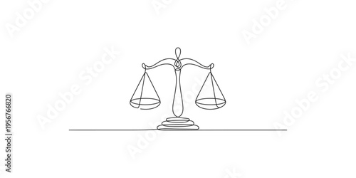 Continuous line drawing of balance scales on white background law justice court judicial fairness equality