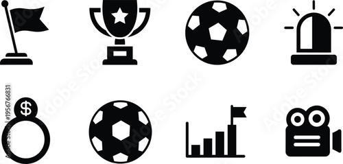 Sports and finance icons vector illustration, trophy star, soccer ball, siren alert, money ring, progress chart, video camera design artwork