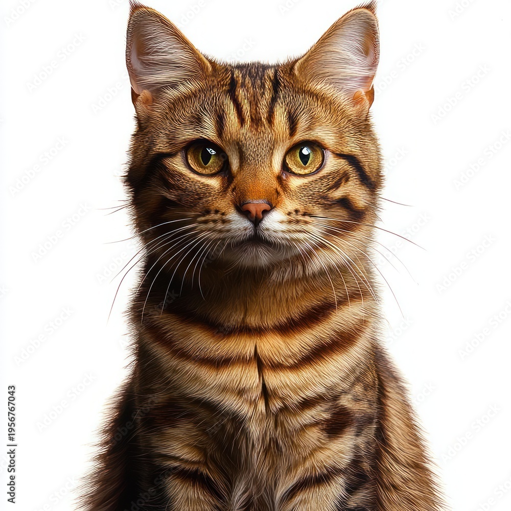 Fototapeta premium striped brown tabby cat torso with upright ears and visible whiskers against white background, calm and regal presence