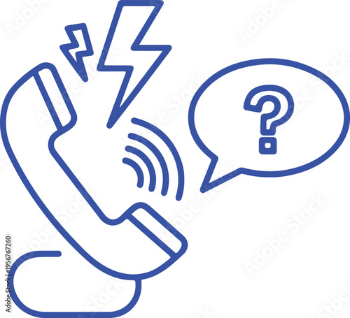 A blue outline icon showing a ringing telephone handset with a question mark inside a speech bubble isolated on transparent background, isolated on white background, Vector