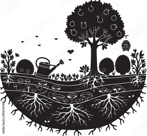 Permaculture garden silhouette illustrating an interconnected ecosystem with trees, plants, mushrooms, roots, insects, and a beehive, showing life above and below ground.